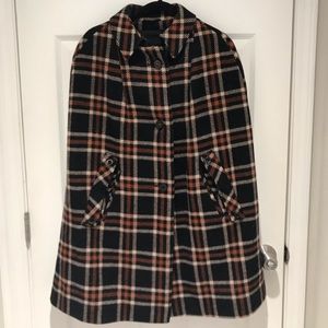 Large vintage wool cape plaid black, orange and cream